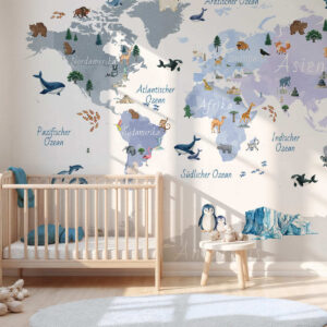 Carta da parati Una mappa blu in stile acquerello con animali, piante ed edifici. Didascalie in tedesco
