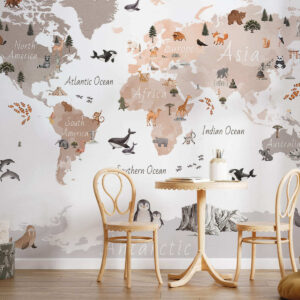 Carta da parati Una mappa in stile acquerello dai toni del beige che raffigura animali, piante ed edifici. Dettagli in inglese