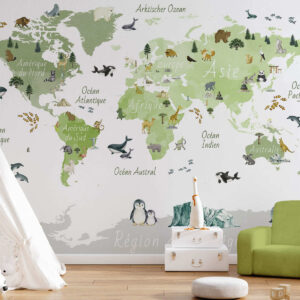 Carta da parati Una mappa in stile acquerello che raffigura animali, piante ed edifici. Didascalie in francese