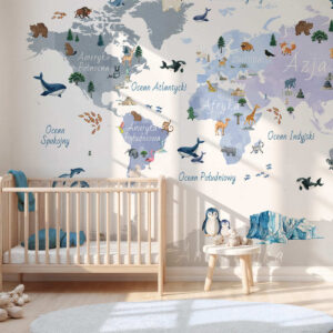 Carta da parati Una mappa blu in stile acquerello con animali, piante ed edifici. Dettagli in polacco