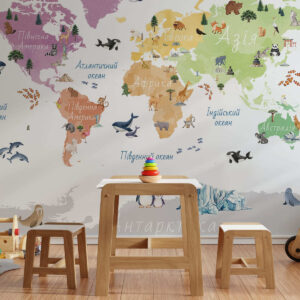 Carta da parati Una mappa a colori in stile acquerello che raffigura animali, piante ed edifici. Didascalie in ucraino