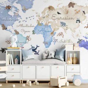 Carta da parati Una mappa blu in stile acquerello con animali. Etichette in tedesco