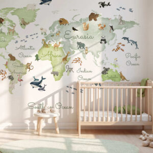Carta da parati Una mappa verde in stile acquerello con animali. Etichette in inglese