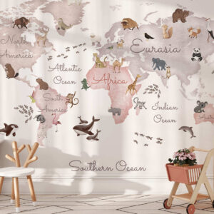 Carta da parati Una mappa in stile acquerello dai toni del beige con immagini di animali. Etichette in inglese