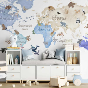 Carta da parati Una mappa blu in stile acquerello con immagini di animali. Dettagli in ucraino