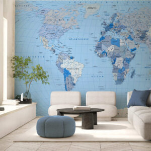 Carta da parati Mappa politica del mondo in blu con bandiere, in tedesco