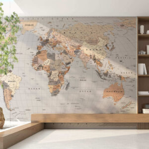Carta da parati Una mappa politica del mondo in beige con bandiere, in inglese
