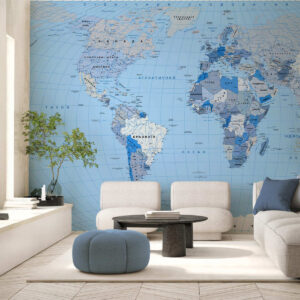 Carta da parati Mappa politica del mondo in blu con bandiere, in ucraino