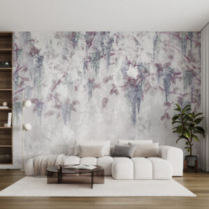 Carta da parati Rami grunge appesi di tendenza con fiori viola dai colori blu