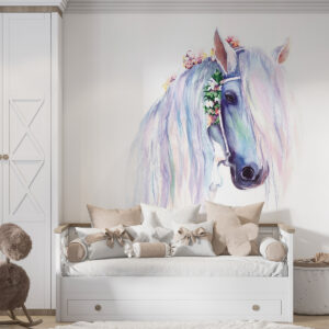 Carta da parati Cavallo blu con fiori in una criniera