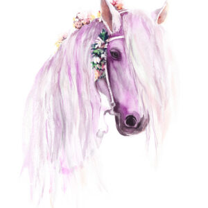Carta da parati Cavallo blu con fiori nella criniera dai colori viola