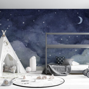 Carta da parati Pittura ad acquerello del cielo notturno con falce di luna e stelle brillanti
