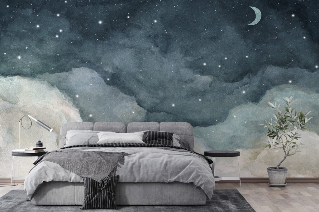 Carta da parati Pittura ad acquerello del cielo notturno con luna crescente e stelle brillanti in colori blu