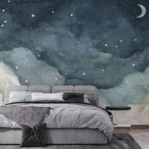 Carta da parati Pittura ad acquerello del cielo notturno con luna crescente e stelle brillanti in colori blu