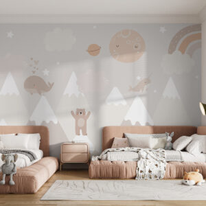 Carta da parati Montagne con simpatici animali, nuvole e pianeti, colori beige