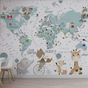 Carta da parati Mappa del mondo per bambini con animali
