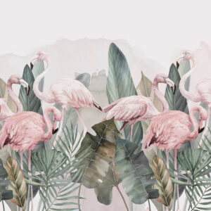 Carta da parati Fenicotteri nelle foglie tropicali, colori acquerello, rosa e oliva