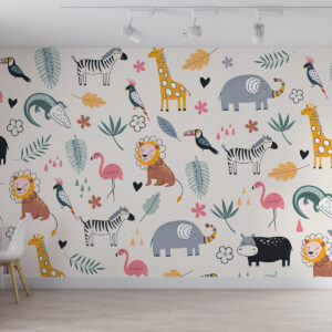 Carta da parati animali, leoni, giraffe, elefanti, foglie, baby room