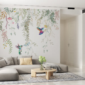 Carta da parati Fiori e foglie appesi e bellissimi colibrì