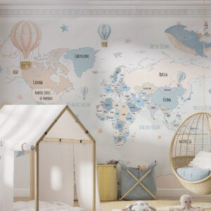 Carta da parati Mappa del mondo con balene e palloncini nei colori pastello blu e rosa