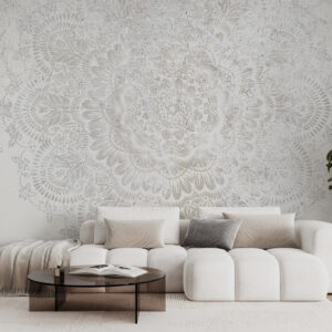 Carta da parati Mandala, motivo pizzo bianco con motivi floreali e circolari, che creano un disegno delicato e intricato