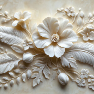 Carta da parati Arte murale in rilievo 3D raffigurante piume e fiori, con un grande papavero nei colori beige