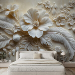 Carta da parati Arte murale in rilievo 3D raffigurante piume e fiori, con un grande papavero nei colori beige