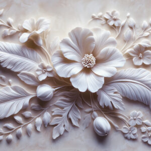 Carta da parati Arte murale in rilievo 3D raffigurante piume e fiori, con un grande papavero nei toni del rosa chiaro