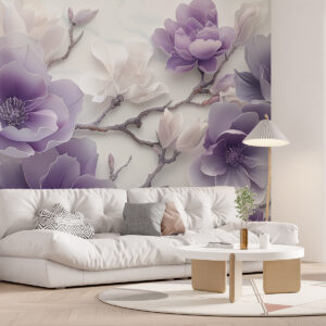 Carta da parati Fiori di magnolia viola in rilievo su un grazioso ramo