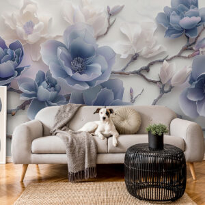 Carta da parati Fiori di magnolia in rilievo blu su un grazioso ramo