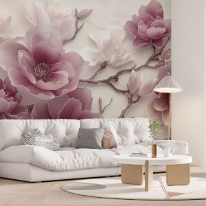 Carta da parati Fiori di magnolia rosa in rilievo su un grazioso ramo