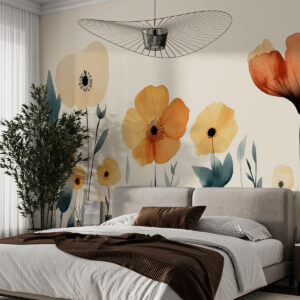 Carta da parati Fiori di prato acquerellati, rustico, composizione floreale, disegno semplice, beige, arancione, blu