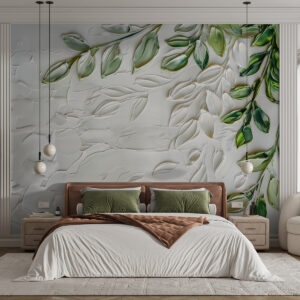 Carta da parati Dipinto ad olio 3d con ramo verde su sfondo bianco, design minimalista in stile boho