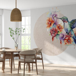 Carta da parati Colibrì, fiori, cerchio, beige