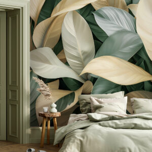 Carta da parati Grandi foglie tropicali nei colori verde e beige