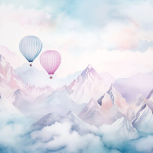 Carta da parati Montagne acquerellate con palloncini d'aria, eterei, colori blu