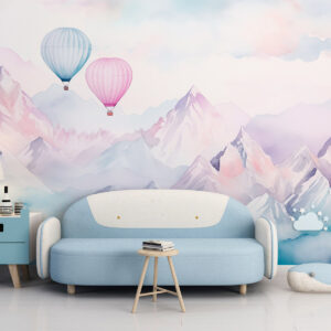 Carta da parati Montagne acquerellate con palloncini d'aria, eterei, colori blu