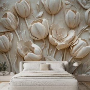 Carta da parati arte floreale 3D con graziosi tulipani in colore beige