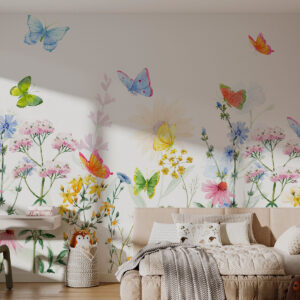 Carta da parati Fiori e piante colorate e farfalle