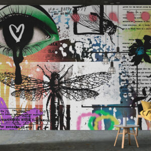 Carta da parati Scritte, fiori e figure in stile graffito