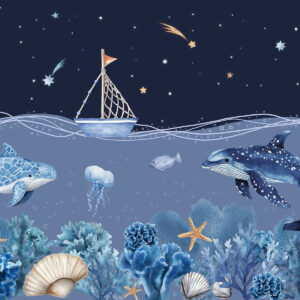Carta da parati Vita di mare, stile acquerello, coralli, barca, delfino, medusa, cielo notturno stellato, colori blu