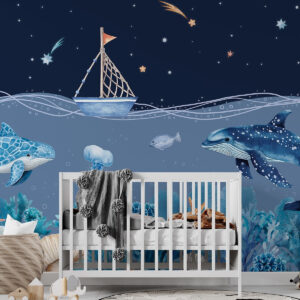 Carta da parati Vita di mare, stile acquerello, coralli, barca, delfino, medusa, cielo notturno stellato, colori blu