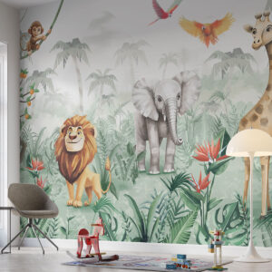 Carta da parati Design della giungla per bambini con leone, giraffa, elefante e pappagalli