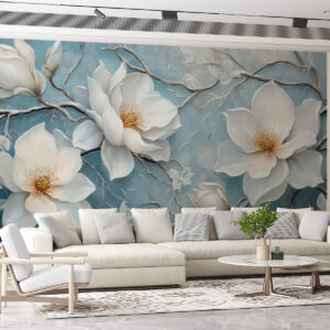 Carta da parati Fiori bianchi e ghiacciati su sfondo blu nello stile della pittura a olio