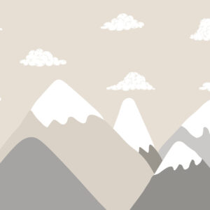 Carta da parati Paesaggio montano minimalista con cime innevate in calme tonalità grigio-beige, completate da soffici nuvole bianche