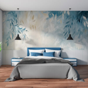Carta da parati foglie astratte blu con pennellate in stile pittura ad olio