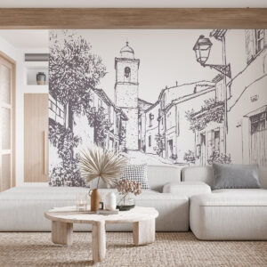 Carta da parati Strada della città, bella architettura, edifici, Mediterraneo, disegno al tratto, colore beige