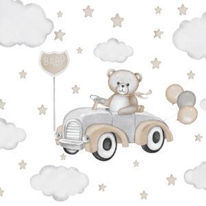 Carta da parati Adorabile illustrazione di un orsetto che guida un'auto d'epoca tra nuvole e stelle