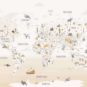 Carta da parati Mappa del mondo con animali e punti di riferimento