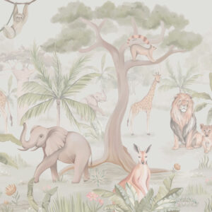 Carta da parati Panorama della giungla con animali in colori chiari